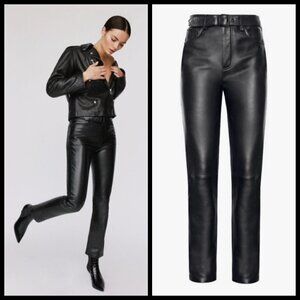 💕ANINE BING💕 Connor Pant ~ 100% Leather Belted Straight Leg Black Small S NWT